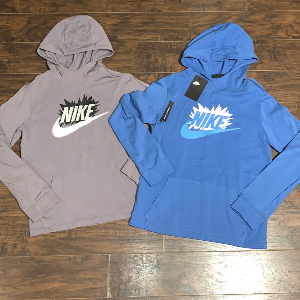 grey and blue nike long sleeve shirts with hoodies